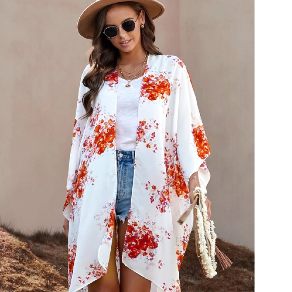 Women’s White Floral Swim Coverup Kimono - Orange Print